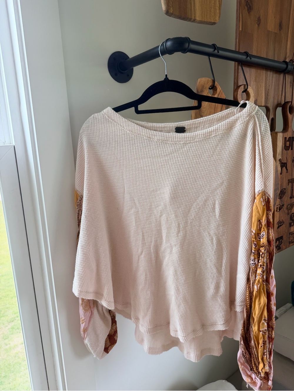 We The Free Cream Waffle-Knit Top with Black Logo Tag
